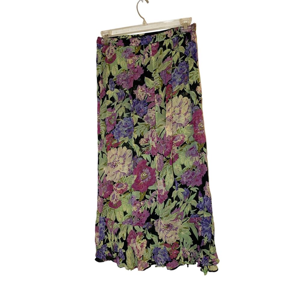 J204 Arizona Womens M Black Floral Maxi Skirt Purple Green Rayon Flowy - Picture 5 of 7